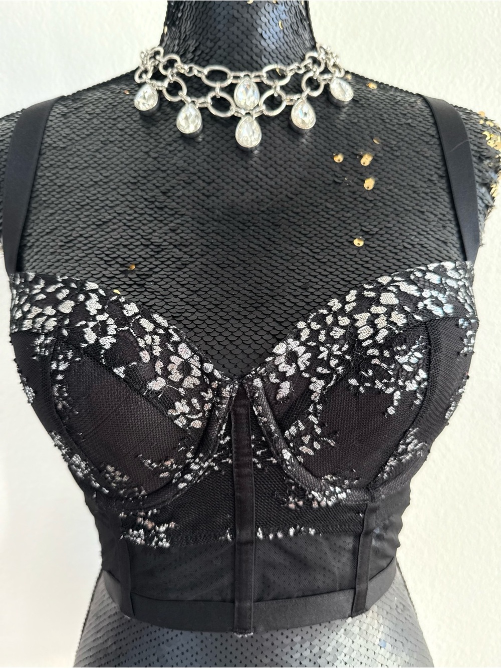 Victoria’s Secret Very Sexy Black Lace Bustier Bra with Silver Embellishment 32D